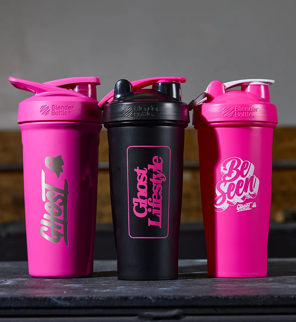 Three pink and black GHOST® shakers for the Breast Cancer Research Foundation