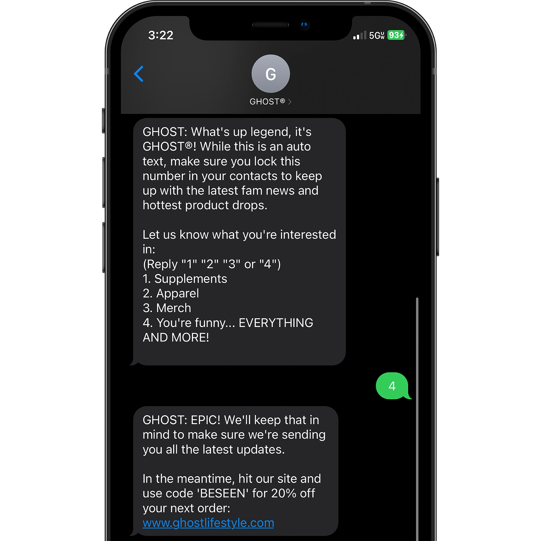 Phone screen with a GHOST® text message thread